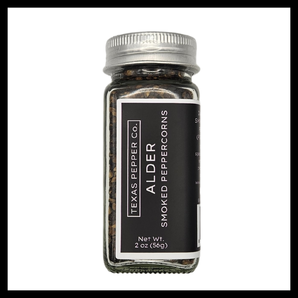 Texas Salt Co. Alder Smoked Peppercorn – 2 oz glass jar of cold-smoked black peppercorns with a clean, mellow flavor from alder wood; perfect for poultry, fish, and refined everyday seasoning