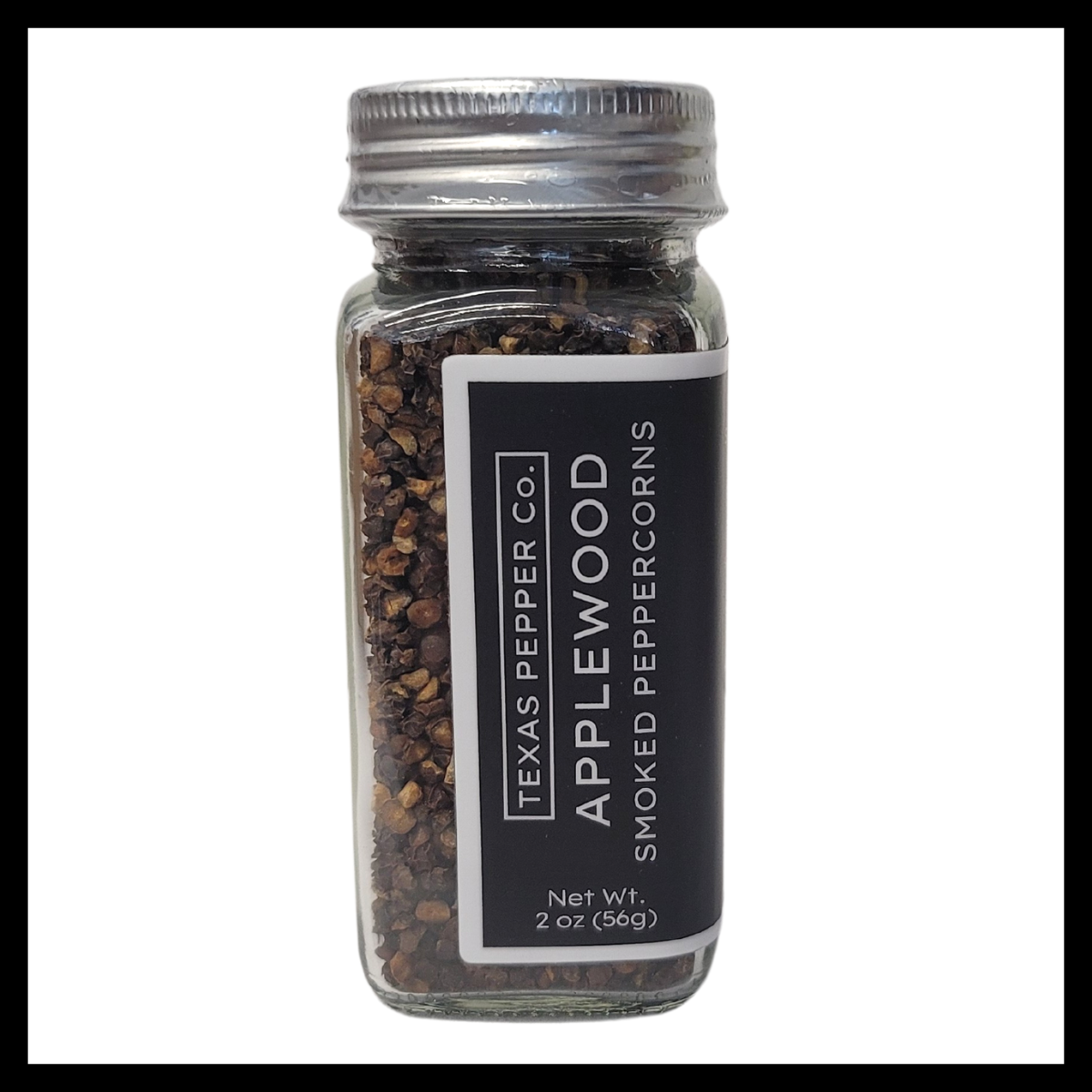 Texas Salt Co. Applewood Smoked Peppercorn – 2 oz glass jar filled with bold black peppercorns naturally smoked over applewood, perfect for grinder use, steaks, and roasted vegetables