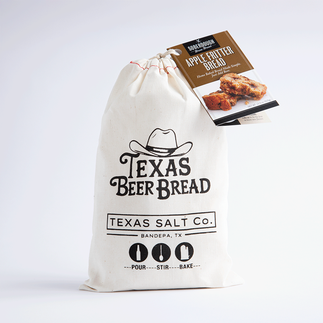 Texas Beer Bread mix in a drawstring bag, labeled Apple Fritter Bread flavor, with SoberDough tag attached