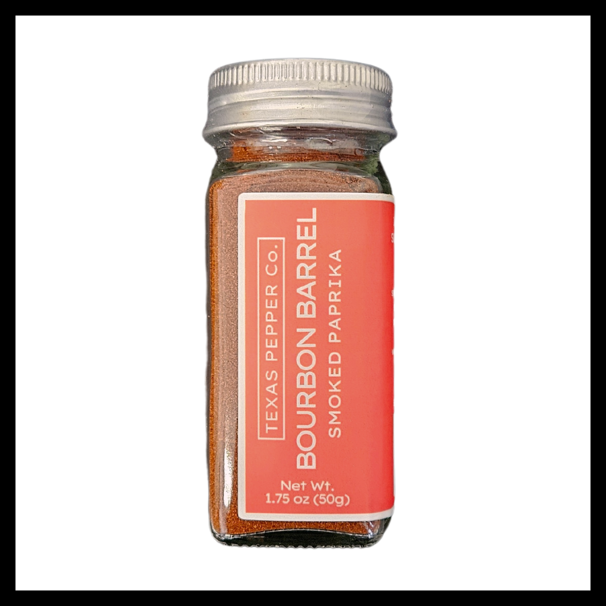 Texas Salt Co. Bourbon Barrel Smoked Paprika – 1.75 oz glass jar of rich red paprika, slow-smoked over reclaimed bourbon barrels for a bold, sweet-oaky flavor ideal for rubs, meats, and Southern cooking
