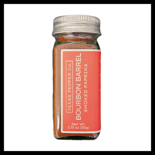 Texas Salt Co. Bourbon Barrel Smoked Paprika – 1.75 oz glass jar of rich red paprika, slow-smoked over reclaimed bourbon barrels for a bold, sweet-oaky flavor ideal for rubs, meats, and Southern cooking