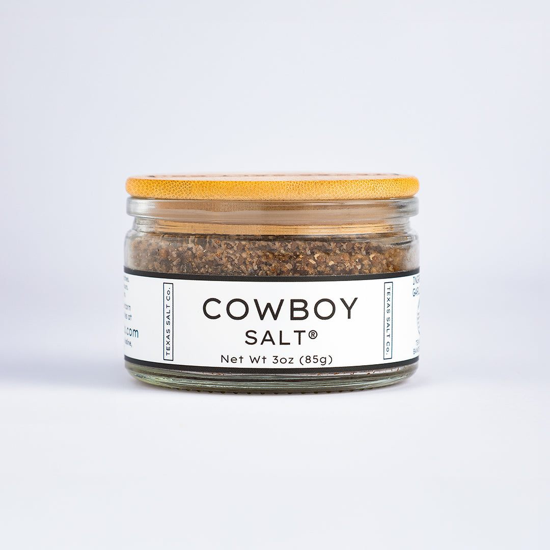 Texas Salt Co. Cowboy Salt® – Front view of 3 oz glass jar with bamboo lid and bold western-style label