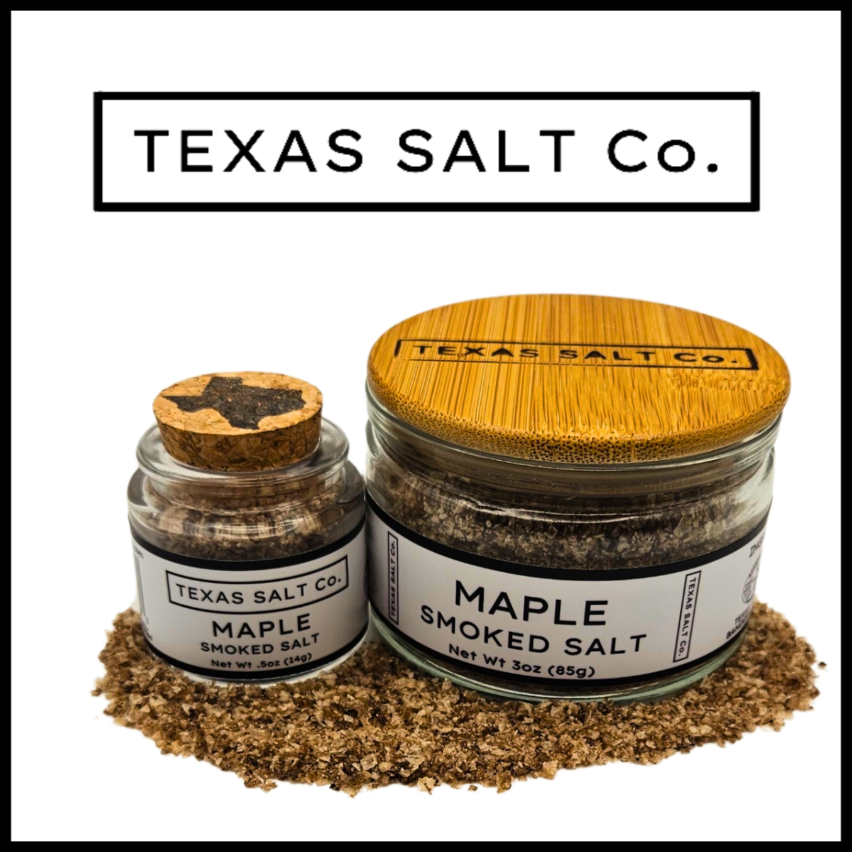Texas Salt Co. Maple Smoked Salt – cork-top and bamboo-lid glass jars filled with golden maple wood–smoked sea salt, perfect for roasted meats, vegetables, or sweet-savory pairings