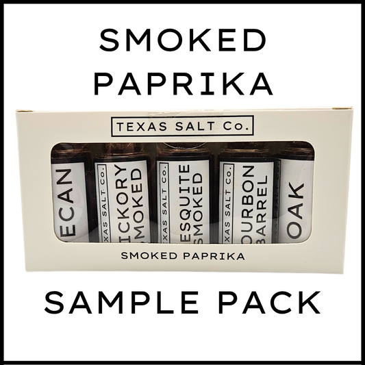 Texas Salt Co. Smoked Paprika Sampler – flat-lay sample packet featuring rich red oak smoked paprika, perfect for gifting or grilling spice kits