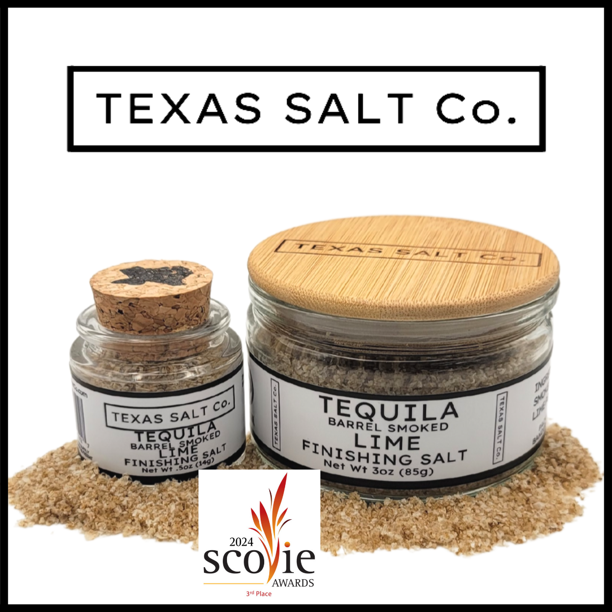 Texas Salt Co. Tequila Barrel Smoked Lime Finishing Salt – two glass jars, cork-top and bamboo-lid pinch jar, filled with lime-infused sea salt smoked in tequila barrels; ideal for margaritas, ceviche, tacos, and grilled seafood