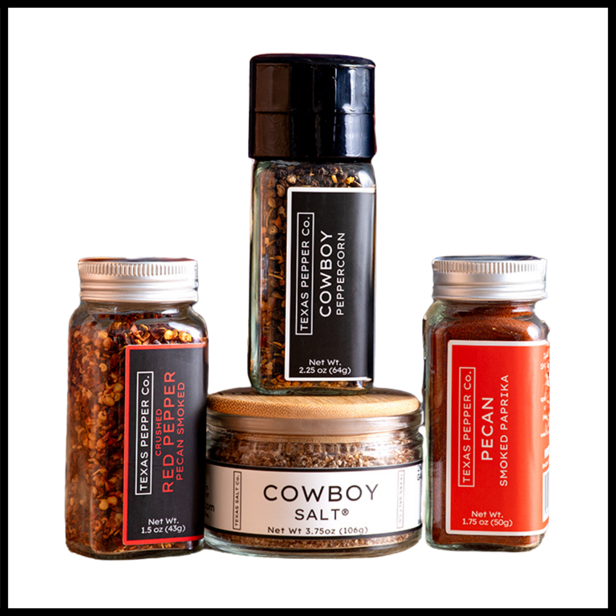 Texas Salt Co. 4-piece Cowboy grilling set with Cowboy Salt, Cowboy Pepper, Smoked Paprika, and Smoked Red Pepper, $50 Father's Day offer