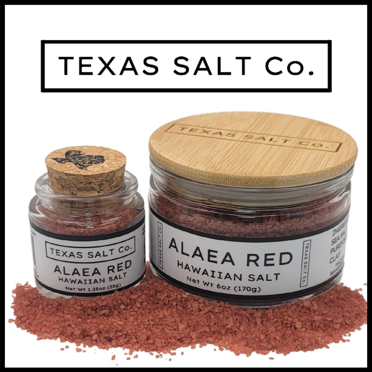 Texas Salt Co. Alaea Red Hawaiian Salt – 6 oz glass jars with 1.25 oz cork-top and bamboo-lid options filled with deep red, mineral-rich sea salt blended with volcanic clay, ideal for traditional Hawaiian dishes, pork, and seafood
