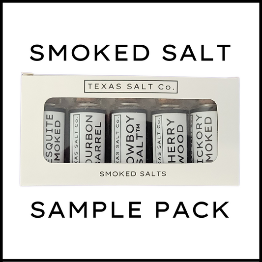 Texas Salt Co. Smoked Salt Sampler Set – a collection of six mini cork-top jars featuring a variety of smoked salts including pecan, applewood, maple, cherrywood, mesquite, and oak; perfect for gifting, tasting, or grill lovers