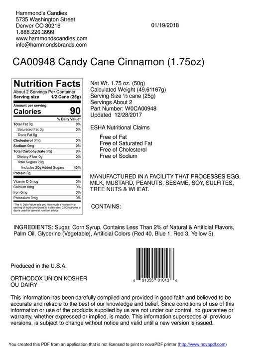 Hand-Spun Jumbo Candy Cane - Cinnamon - 1.75 oz