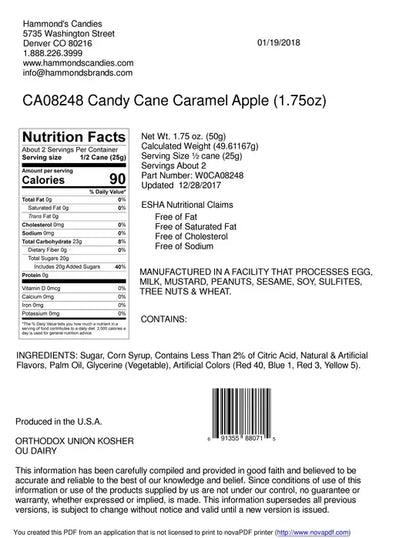 Hand-Spun Jumbo Candy Cane - Caramel Apple - 1.75 oz