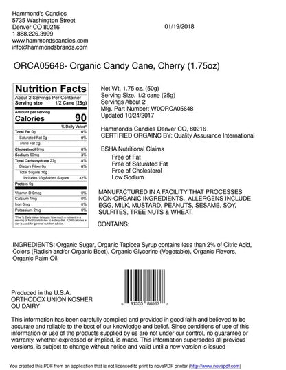 Organic Hand-Spun Jumbo Candy Cane - Cherry - 1.75 oz