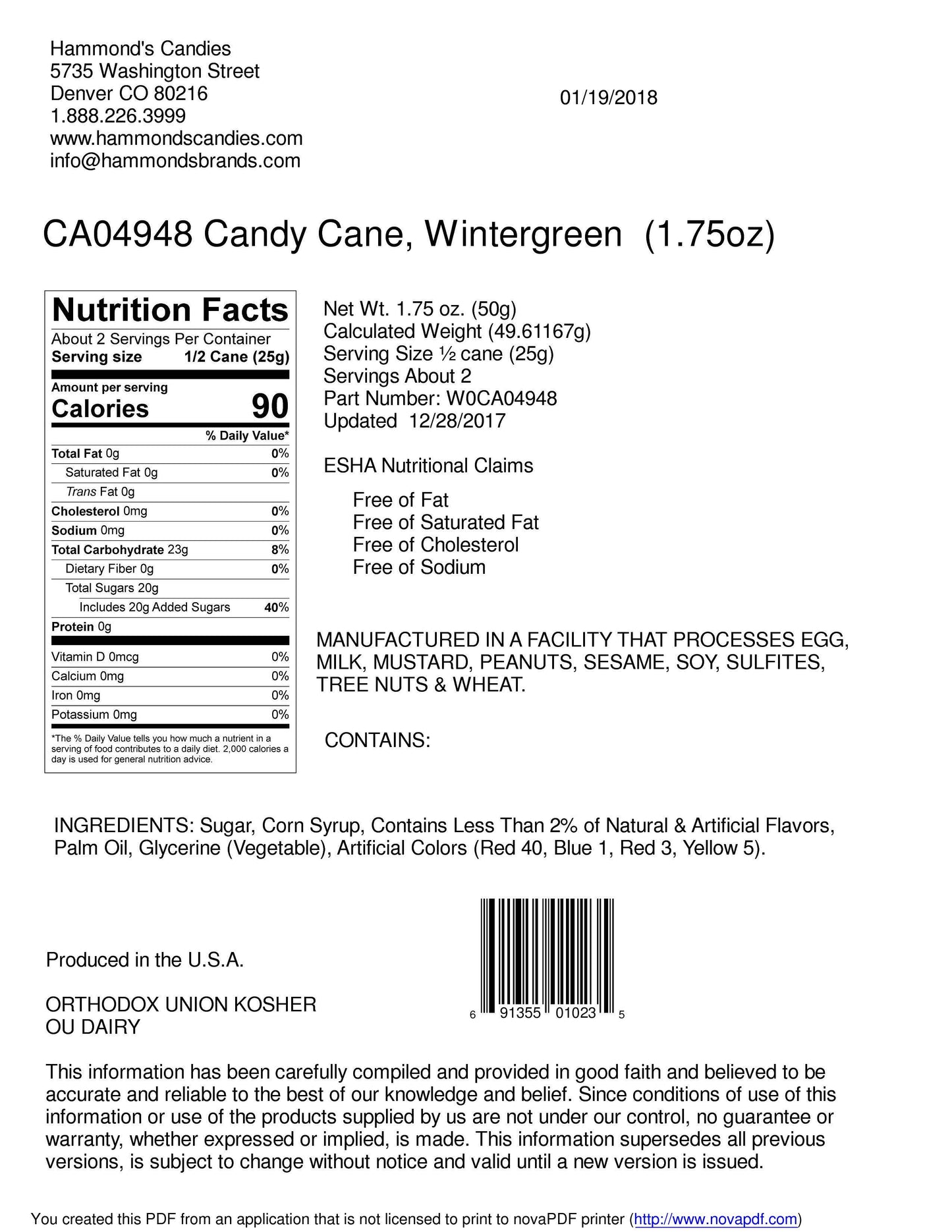 Hand-Spun Jumbo Candy Cane - Spearmint / Wintergreen -1.75oz