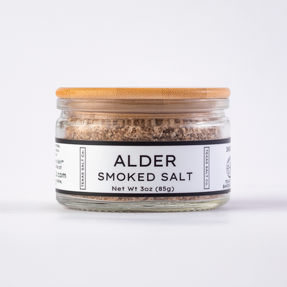 Texas Salt Co. Alder Smoked Salt 3oz bamboo-lid jar with visible smoked salt texture inside, photographed on a white background.