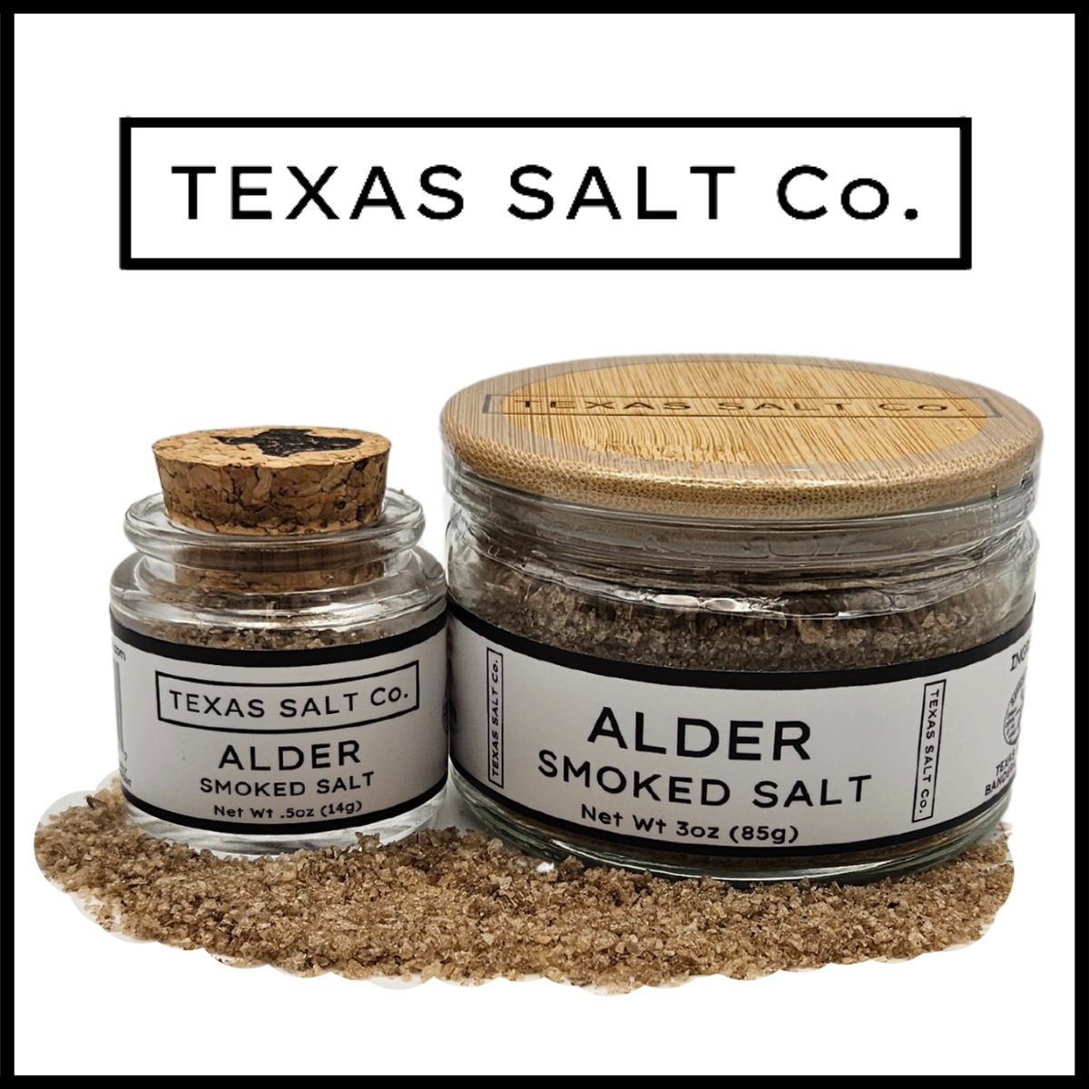 Texas Salt Co. Alder Smoked Salt – dual jars with cork-top and bamboo-lid styles, filled with light, clean alder wood–smoked sea salt ideal for fish, chicken, and delicate grilling recipes