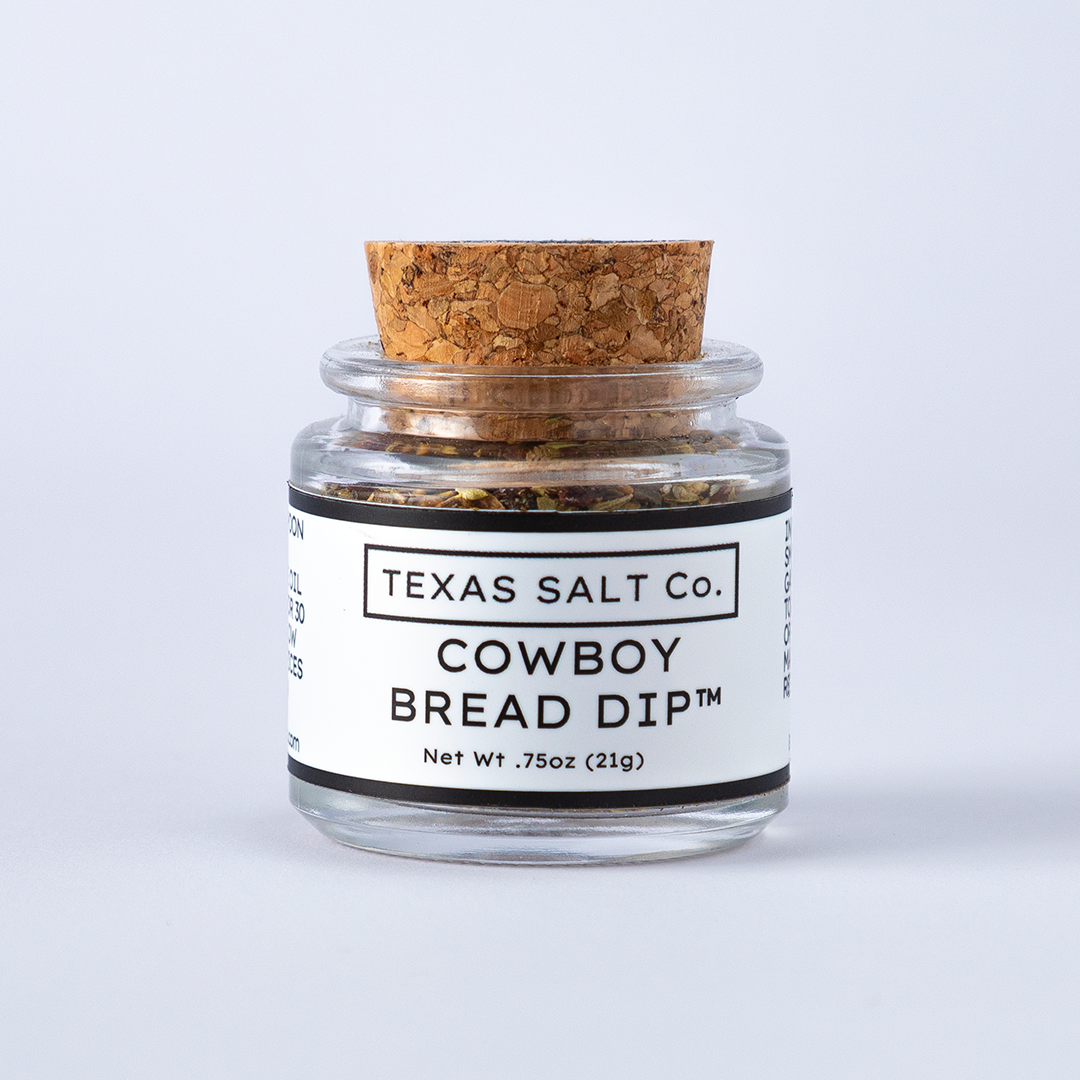 Cowboy Bread Dip™ .75oz jar from Texas Salt Co. with cork lid