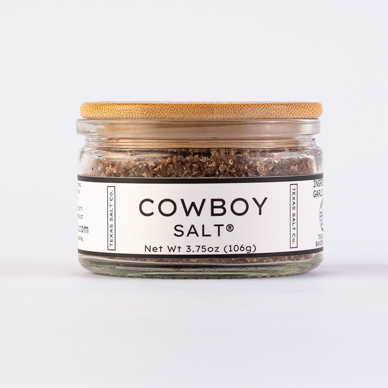 Texas Salt Co. Cowboy Salt® in a 3.75oz glass jar with bamboo lid and labeled front panel.