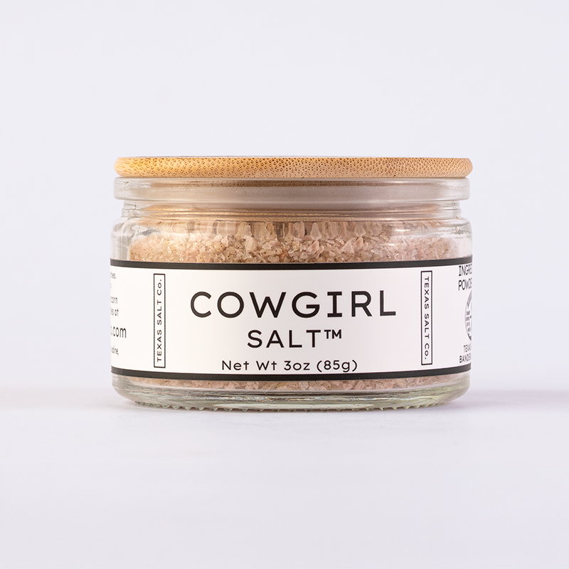 Texas Salt Co. Cowgirl Salt™ in a 3oz glass jar with bamboo lid and front label.
