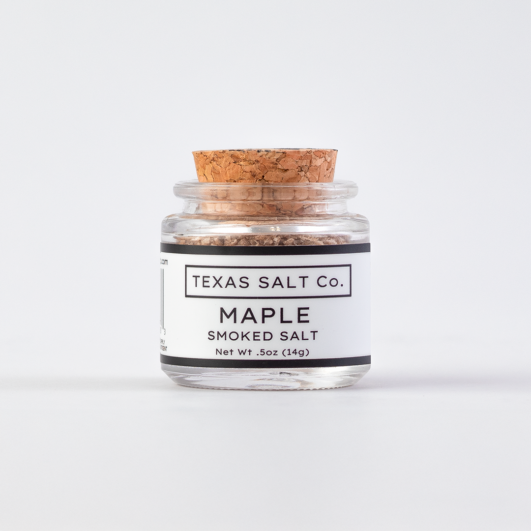 Texas Salt Co. Maple Smoked Salt .5oz cork-top glass jar shown straight on against a clean white background.