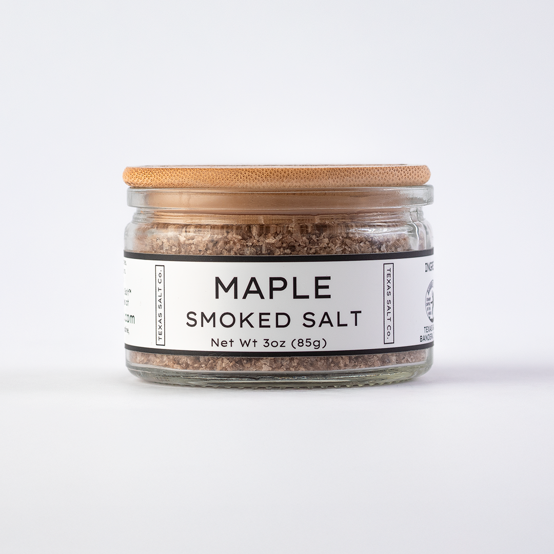Texas Salt Co. Maple Smoked Salt 3oz bamboo-lid jar with visible smoked salt texture inside, photographed on a white background.