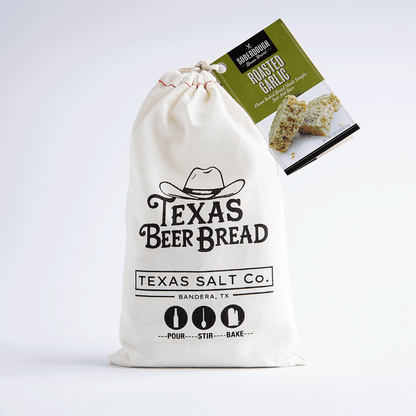 Texas Beer Bread mix in a drawstring bag, labeled Roasted Garlic flavor, with SoberDough tag attached