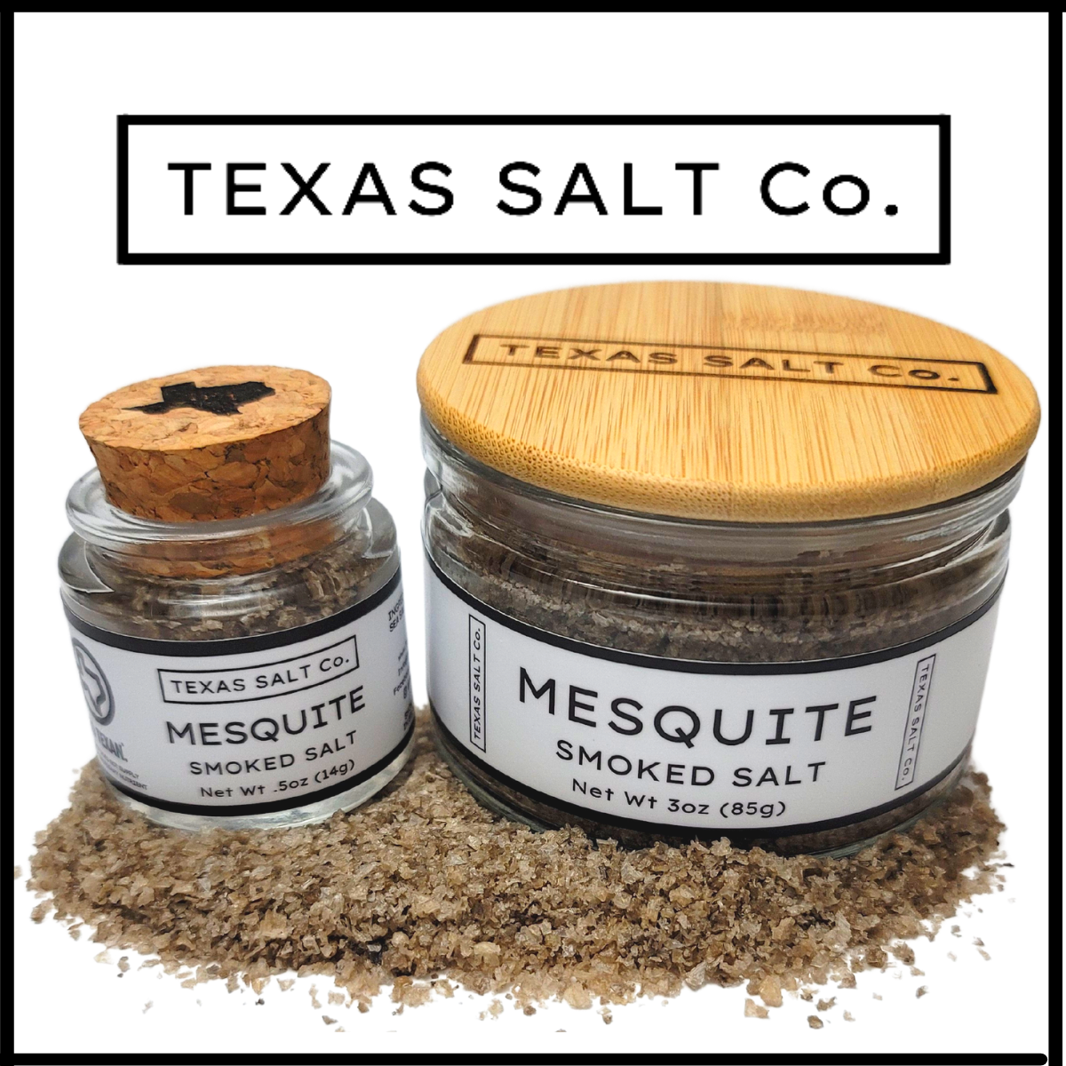 Texas Salt Co. Mesquite Smoked Salt – cork-top and bamboo-lid glass jars filled with bold mesquite wood–smoked sea salt, perfect for brisket, ribs, grilled vegetables, and robust BBQ seasoning